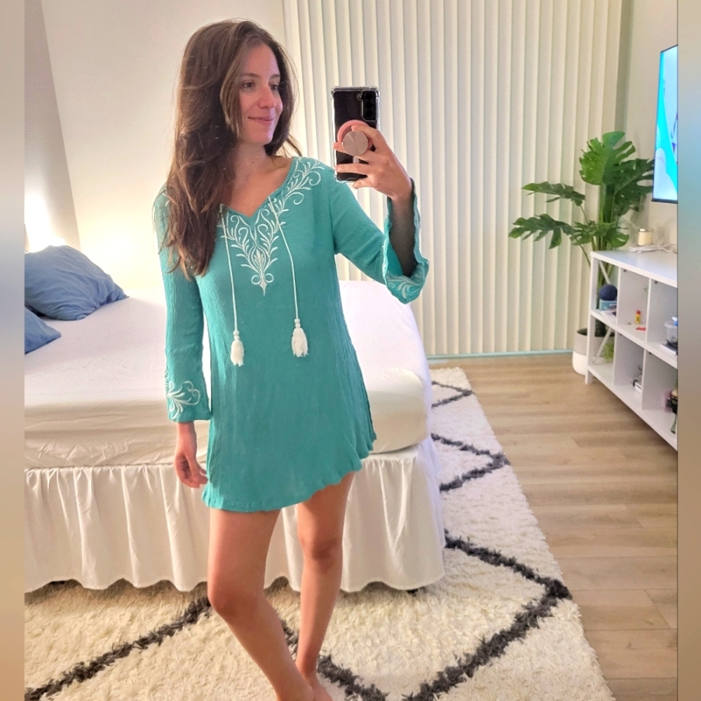 Teal Embroidered Tunic Cover Up Tassle Dress